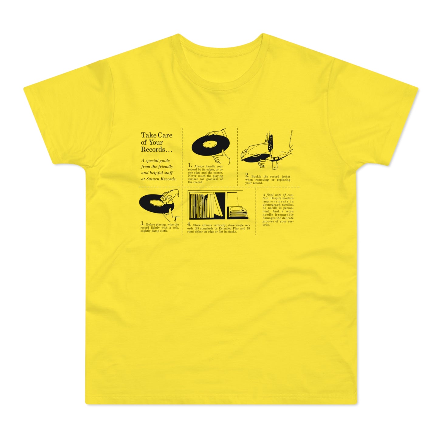 Yellow t-shirt with black graphic titled "Take Care of Your Records...", detailing vinyl care.