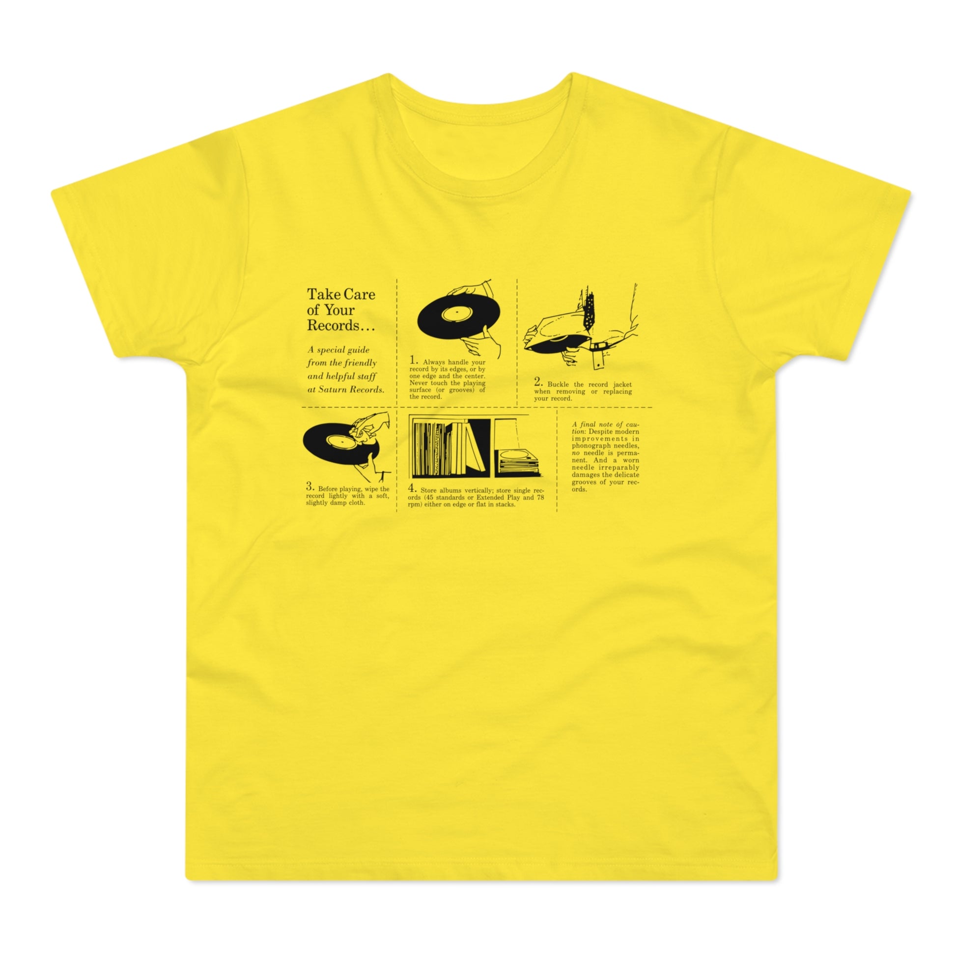 Yellow t-shirt with black graphic titled "Take Care of Your Records...", detailing vinyl care.