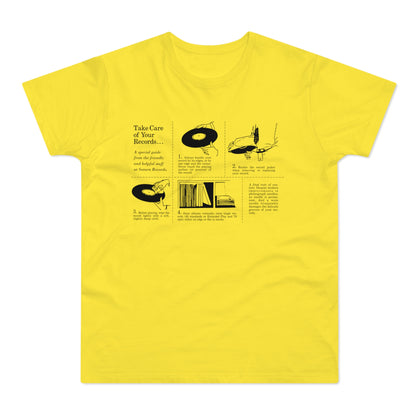 Yellow t-shirt with black graphic titled "Take Care of Your Records...", detailing vinyl care.