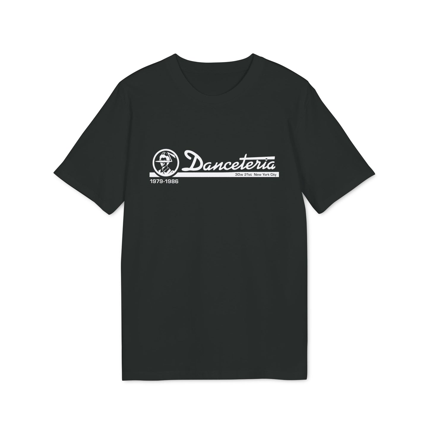 Black t-shirt with white logo for Danceteria, 1979-1986, 30w 21st, New York City.