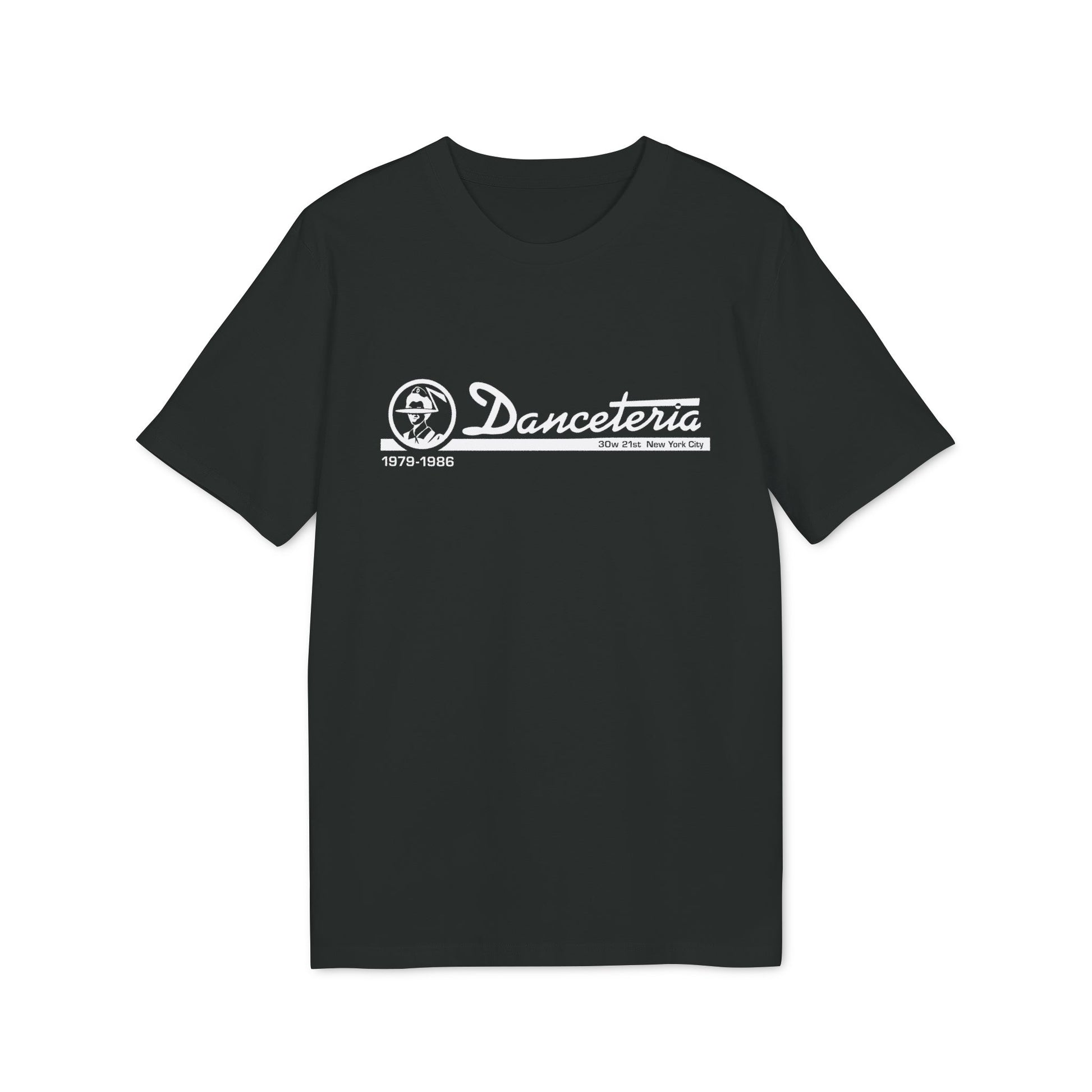 Black t-shirt with white logo for Danceteria, 1979-1986, 30w 21st, New York City.