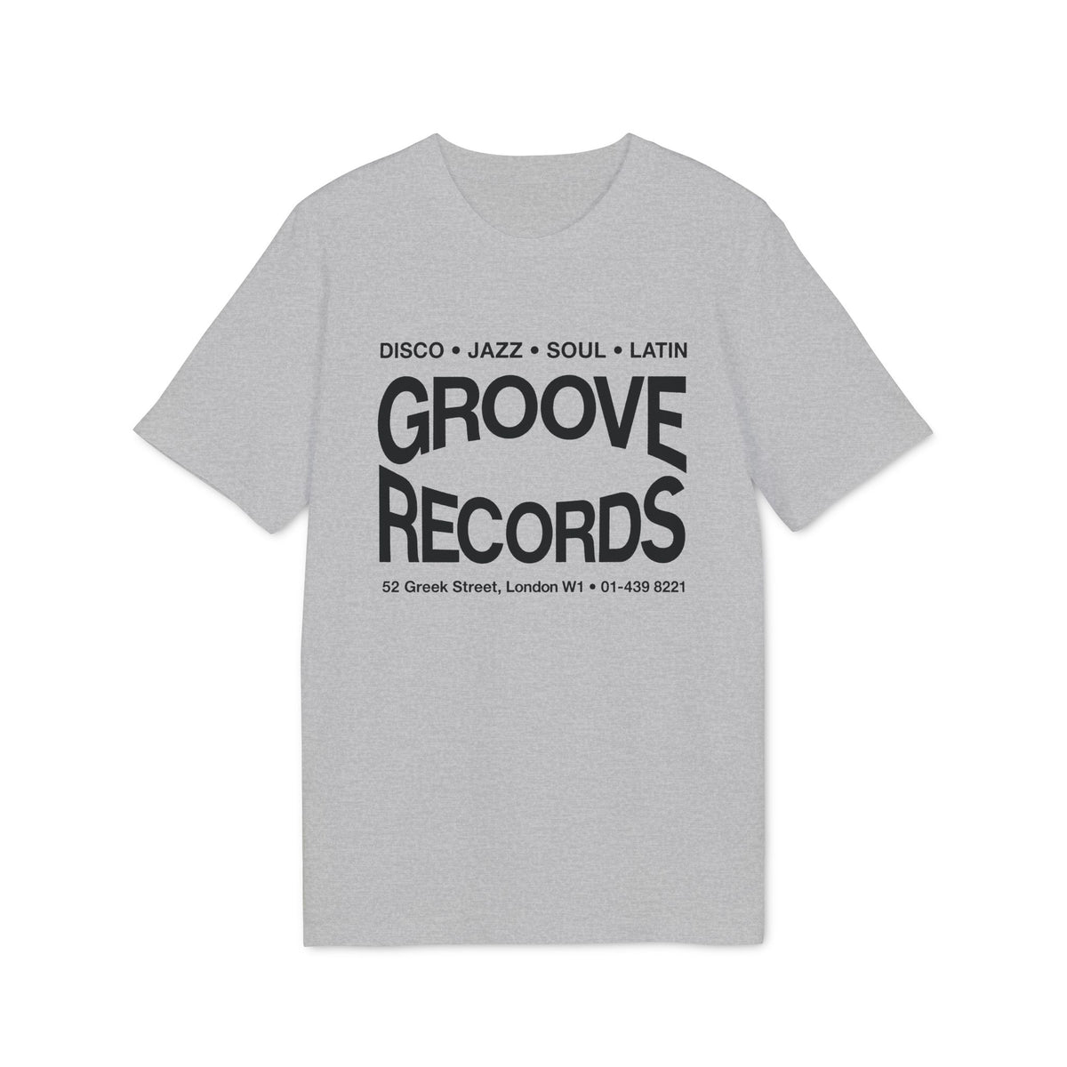 Grey t-shirt with "Groove Records" and address printed on front.