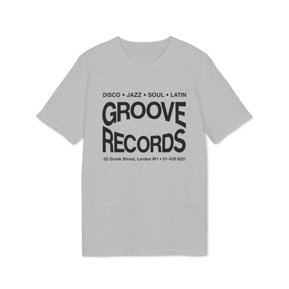 Grey t-shirt with "Groove Records" and address printed on front.