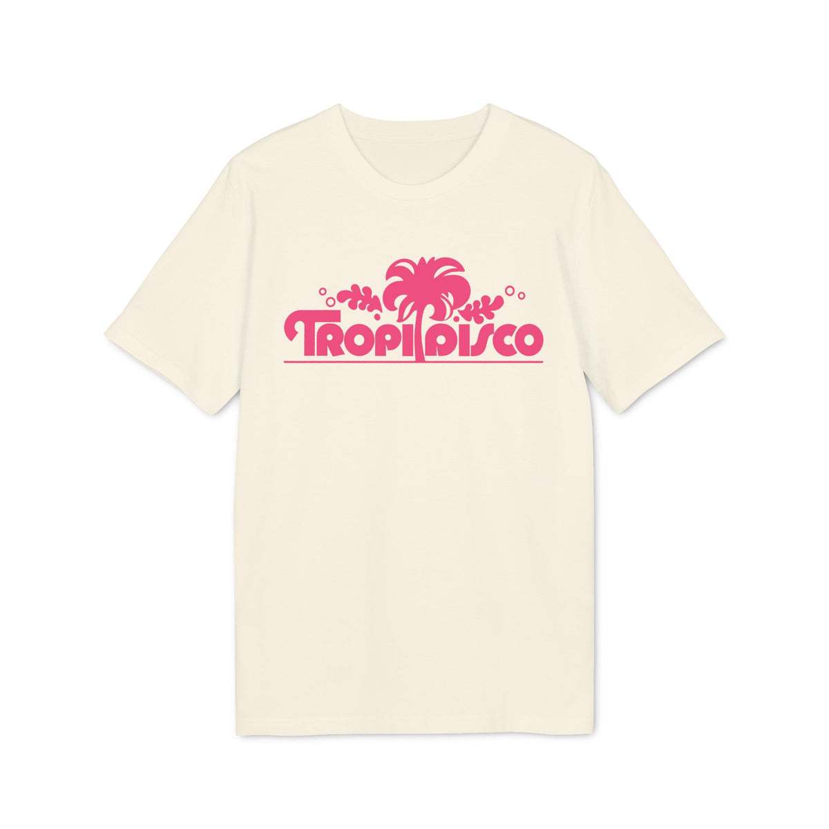 Cream t-shirt with hot pink "Tropi Disco" text and palm tree graphic.