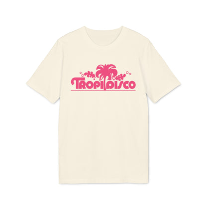 Cream t-shirt with hot pink "Tropi Disco" text and palm tree graphic.