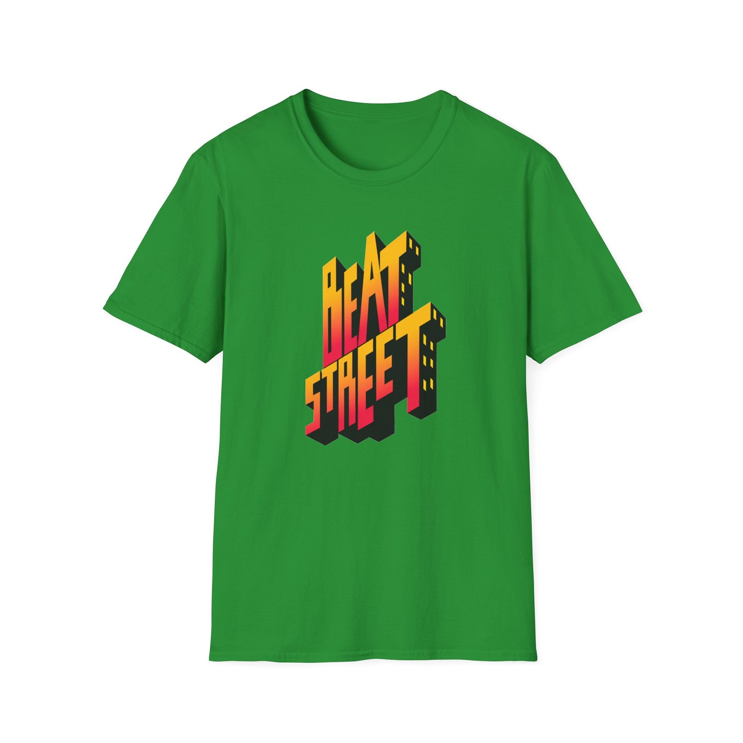 Green t-shirt with "BEAT STREET" in 3D block lettering with gradient fill.