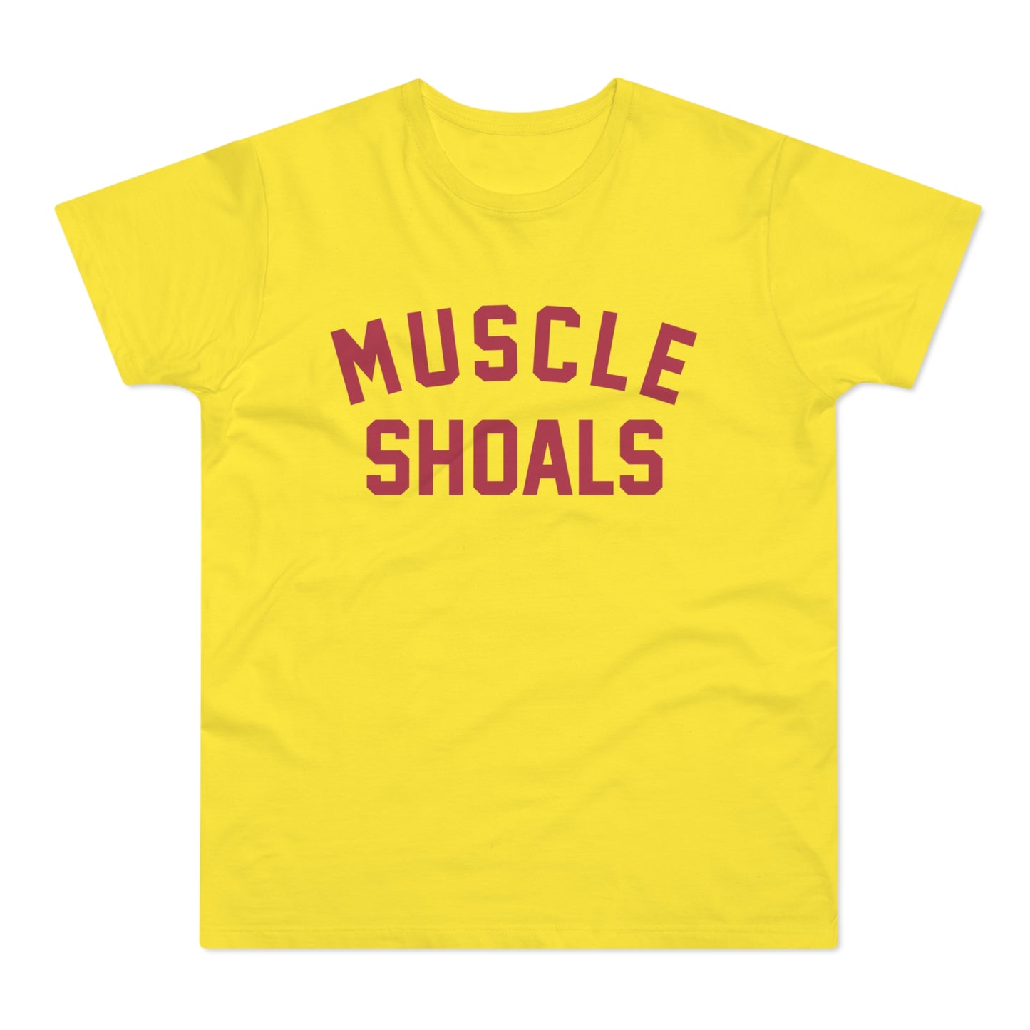 Yellow t-shirt with burgundy text "MUSCLE SHOALS"