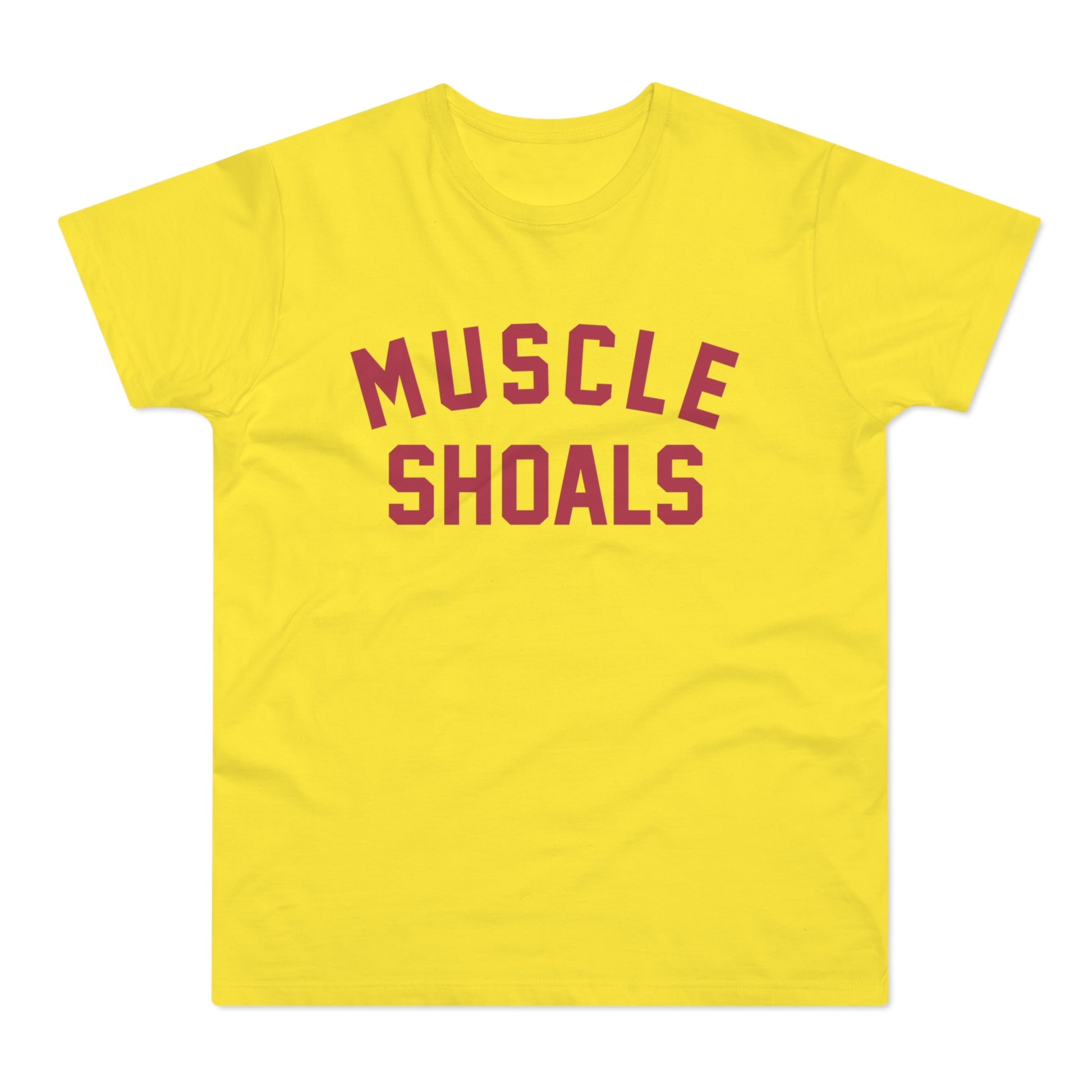 Yellow t-shirt with burgundy text "MUSCLE SHOALS"