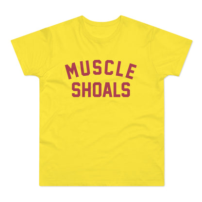 Yellow t-shirt with burgundy text "MUSCLE SHOALS"