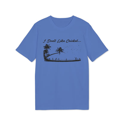 Blue t-shirt with black graphic and text "I Don't Like Cricket..."