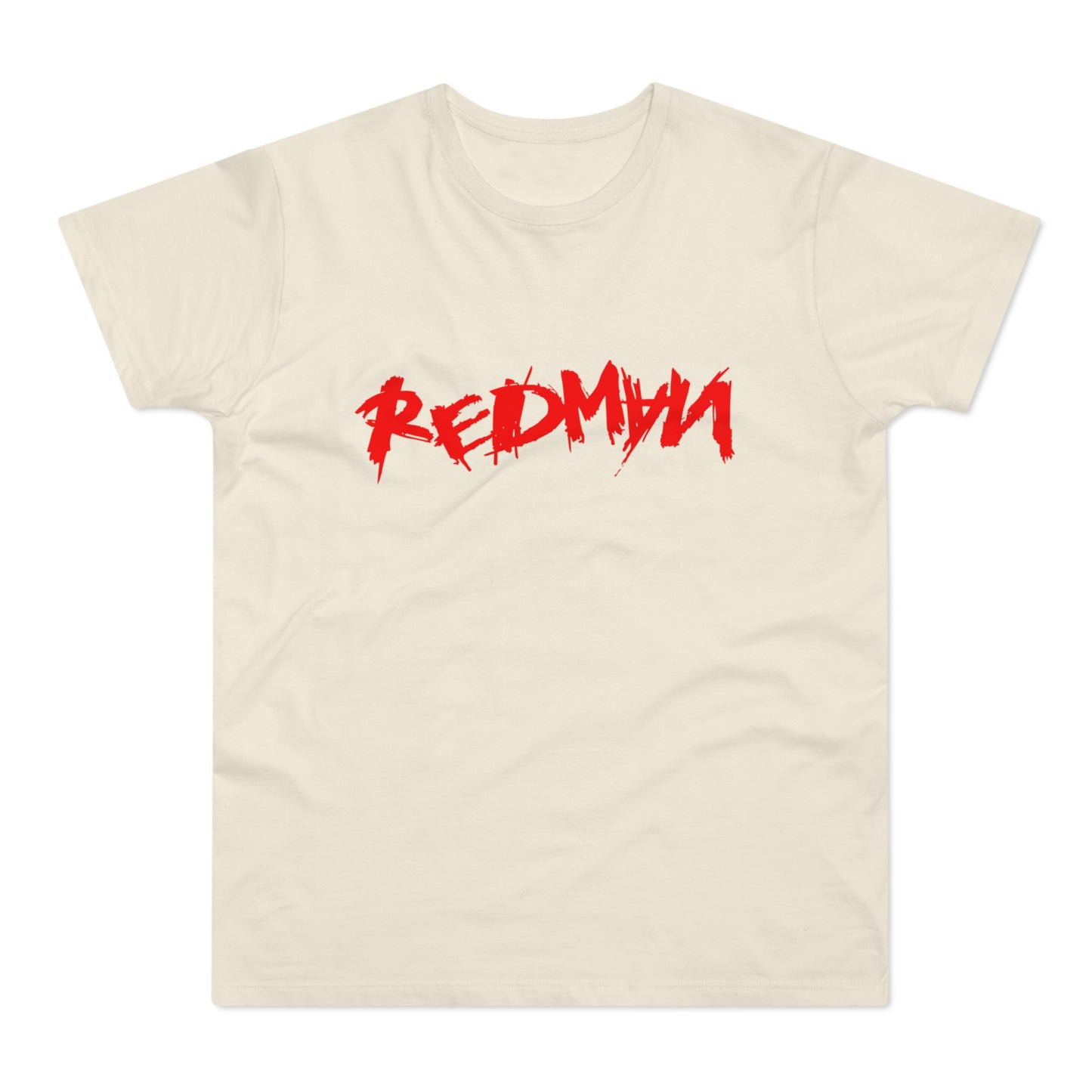 Cream t-shirt with red distressed "REDMAN" logo across the chest.