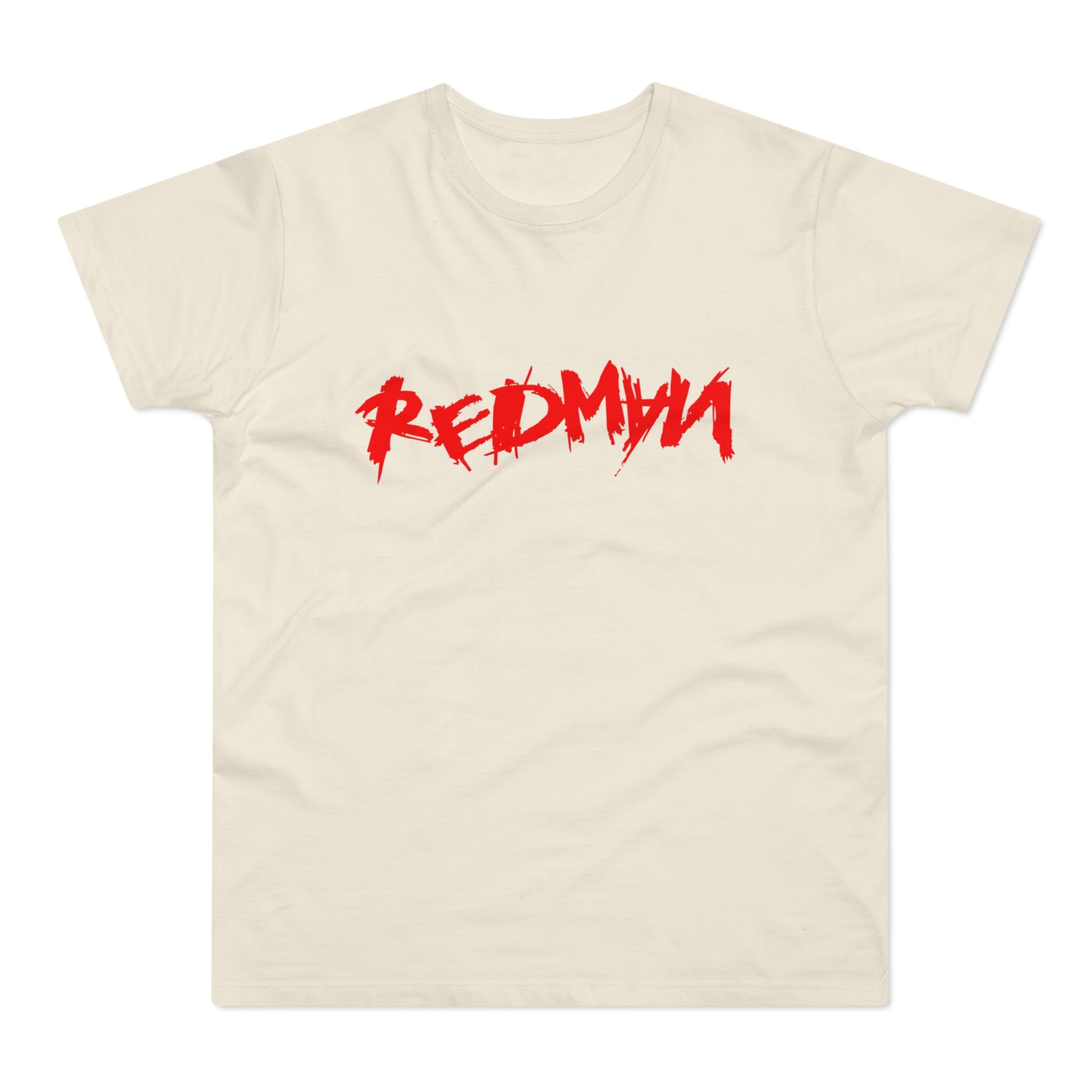 Cream t-shirt with red distressed "REDMAN" logo across the chest.