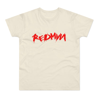 Cream t-shirt with red distressed "REDMAN" logo across the chest.