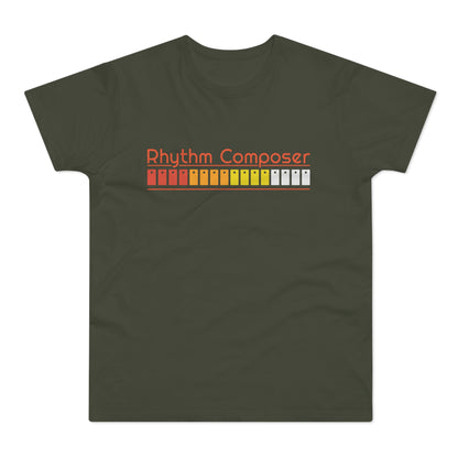 Olive t-shirt with "Rhythm Composer" text and a retro beat sequencer graphic.