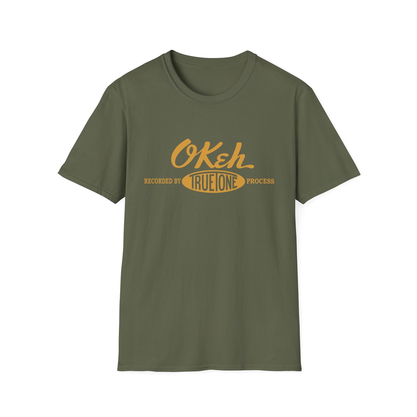 Olive green t-shirt with orange "Okeh Recorded by True Tone" text graphic.