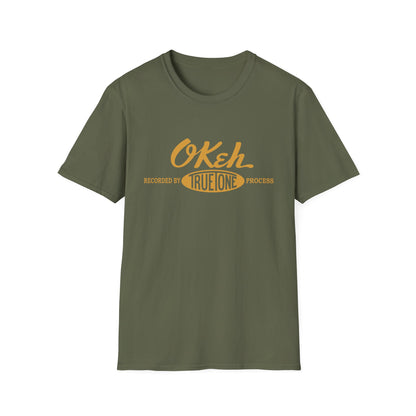 Olive green t-shirt with orange "Okeh Recorded by True Tone" text graphic.