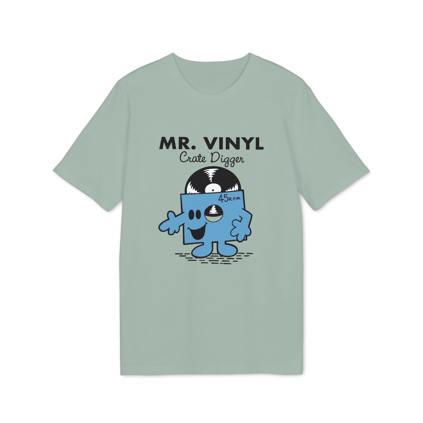 T-shirt with Mr. Vinyl character, "MR. VINYL Crate Digger" text, and 45 R.P.M. record.
