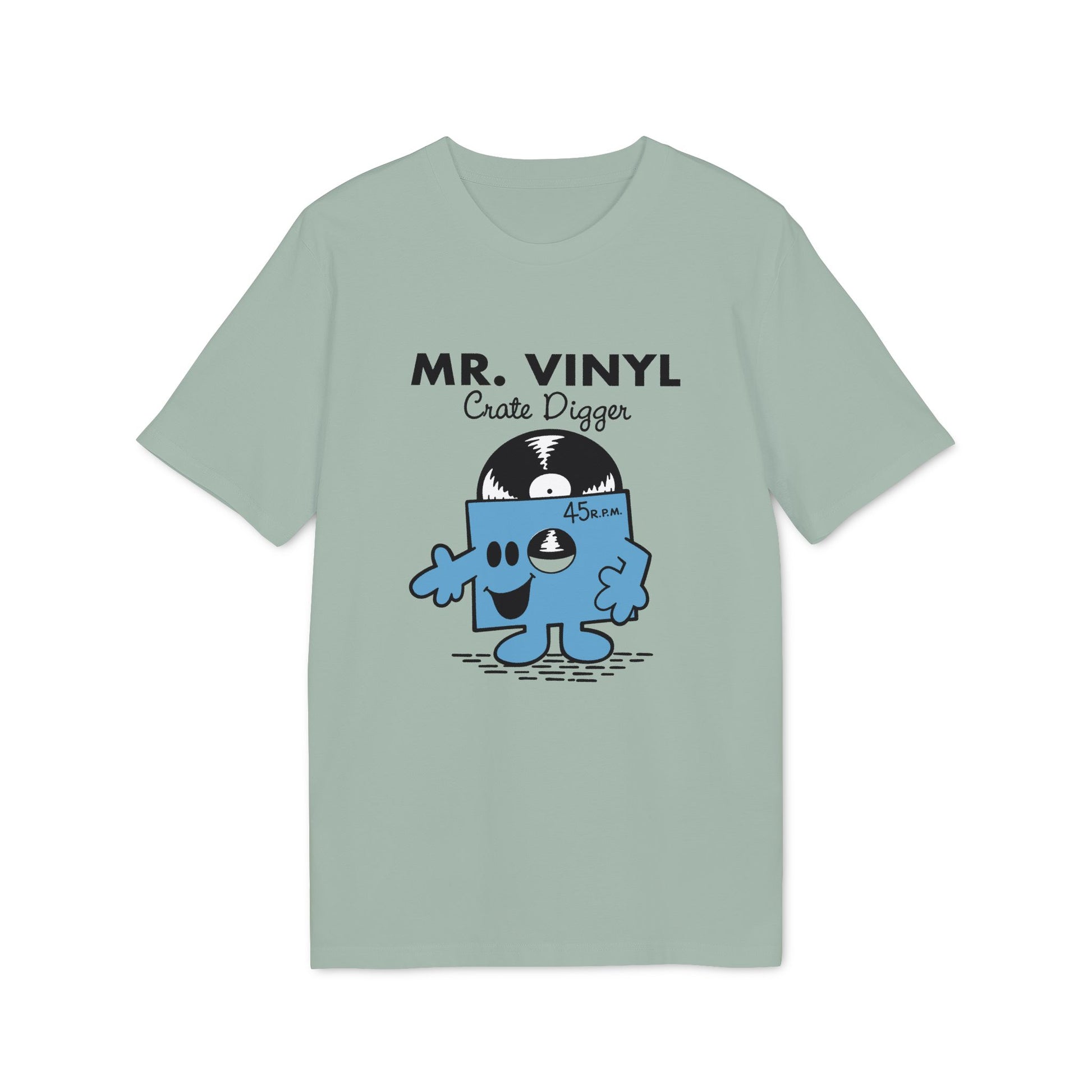 T-shirt with Mr. Vinyl character, "MR. VINYL Crate Digger" text, and 45 R.P.M. record.