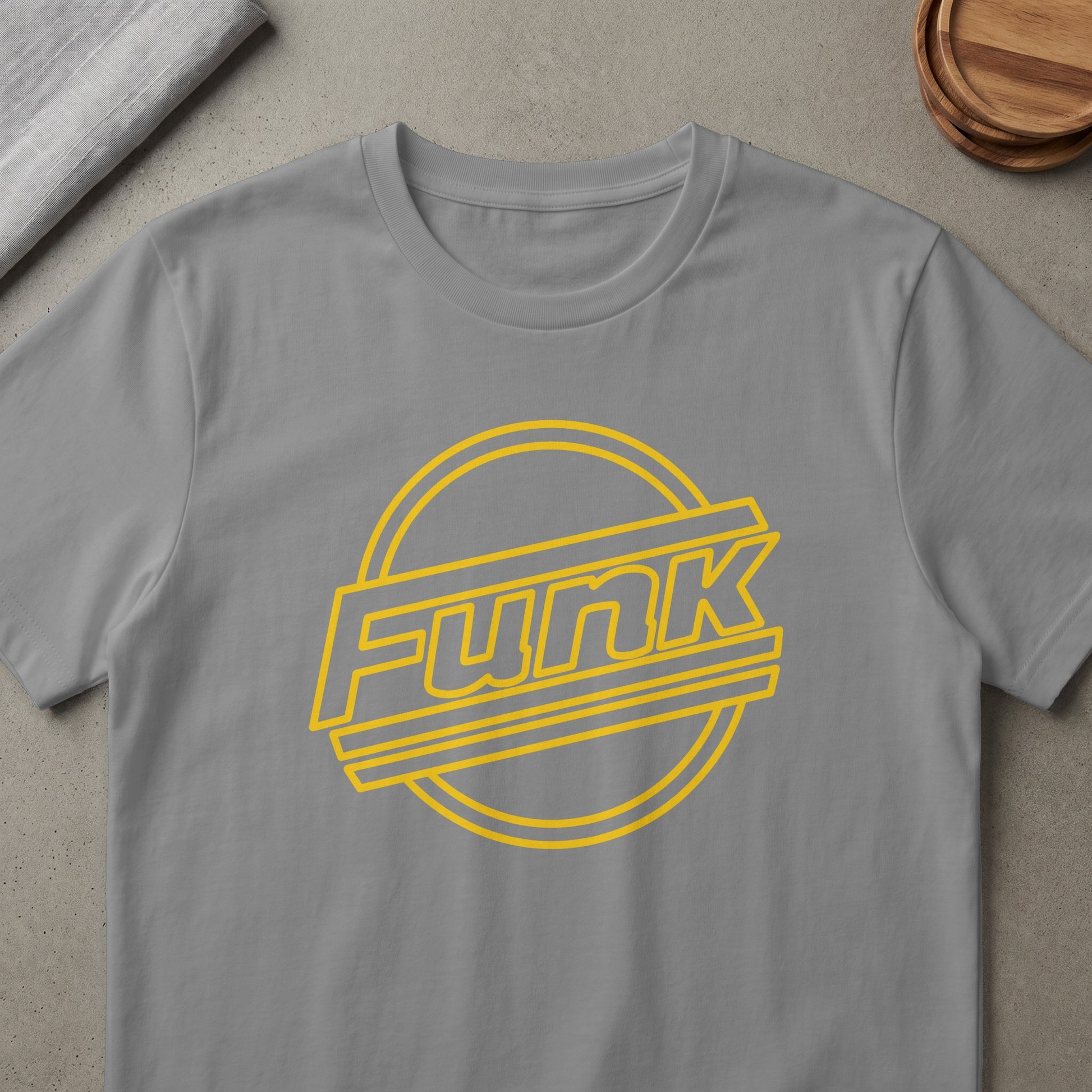 Gray t-shirt with yellow "Funk" text inside a circular, retro design.