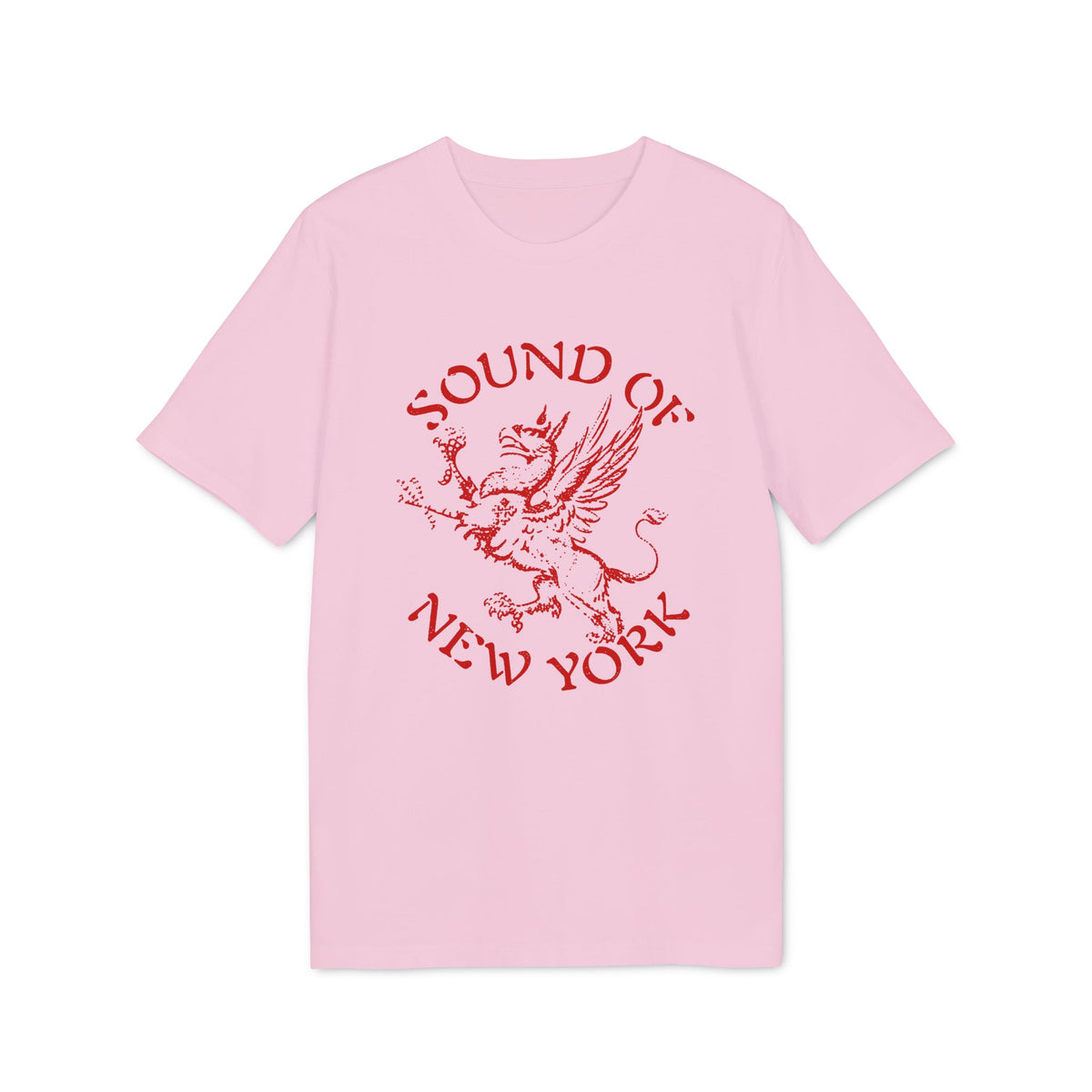Pink t-shirt with red text and graphic of a griffin.