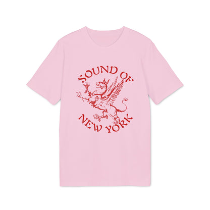 Pink t-shirt with red text and graphic of a griffin.