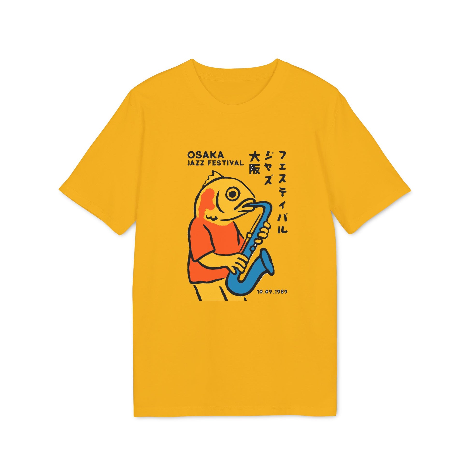 Yellow t-shirt featuring a fish person playing a saxophone for Osaka Jazz Festival, 10.09.1989.