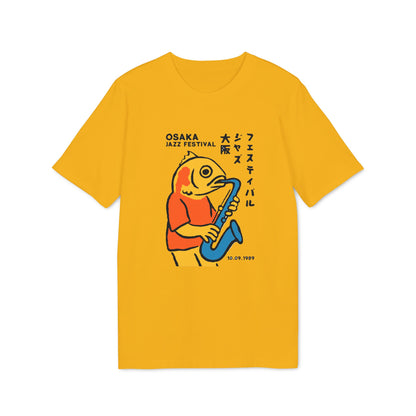 Yellow t-shirt featuring a fish person playing a saxophone for Osaka Jazz Festival, 10.09.1989.