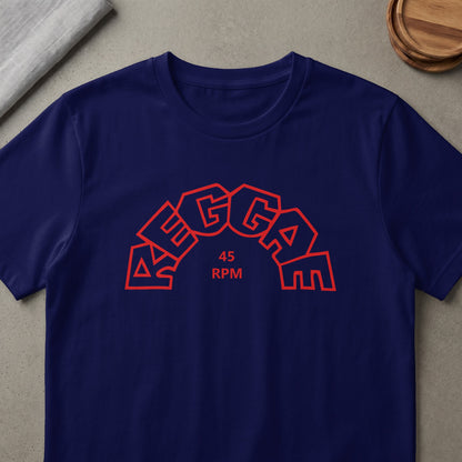 Navy t-shirt with red "REGGAE 45 RPM" text in an arched design.