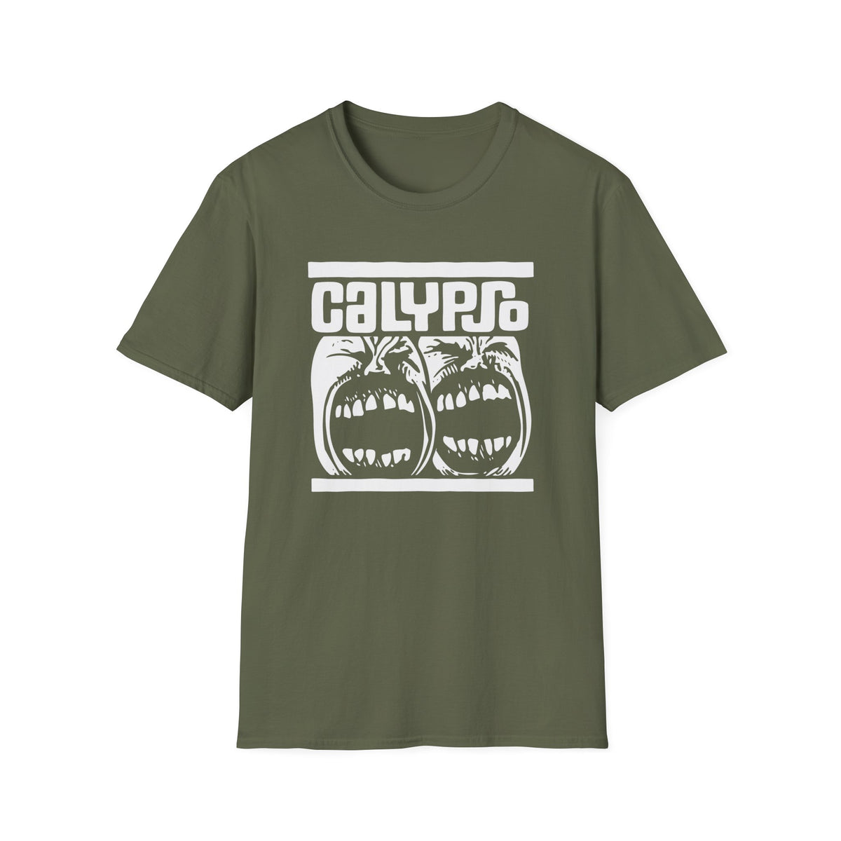 Olive green t-shirt with white "CALYPSO" text and two screaming faces.