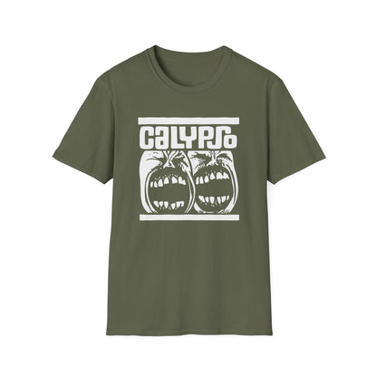 Olive green t-shirt with white "CALYPSO" text and two screaming faces.