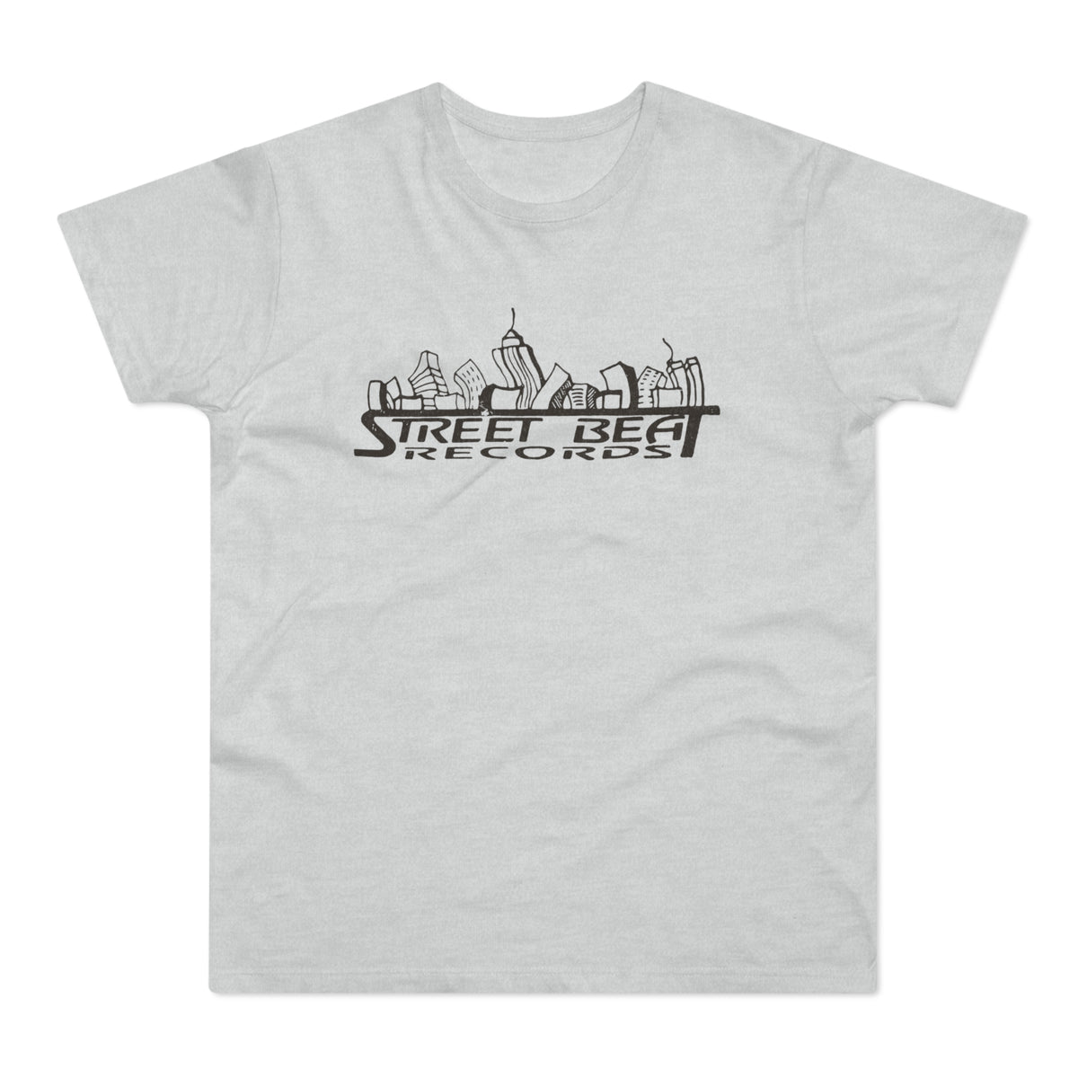 Light grey t-shirt with a black skyline and "Street Beat Records" text.