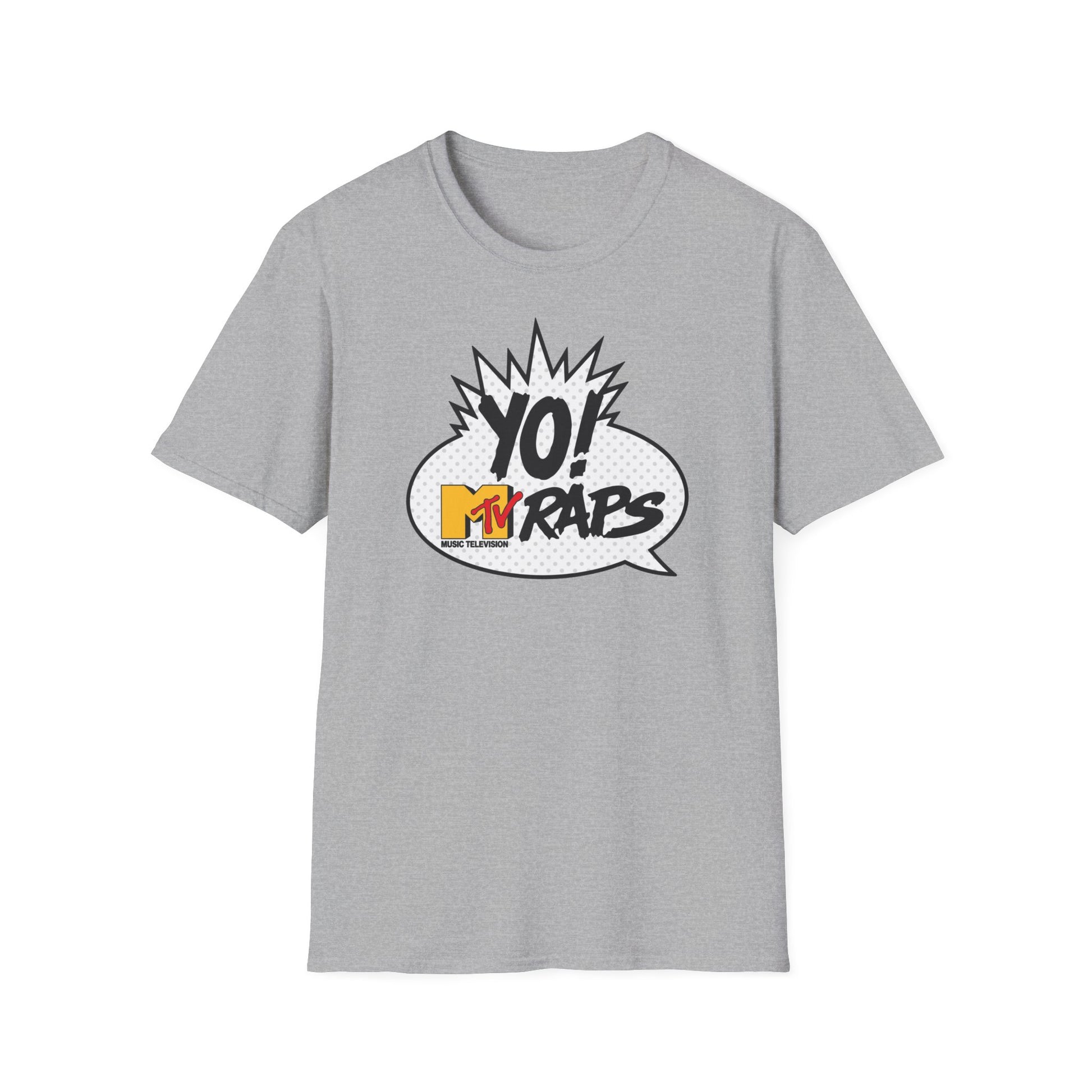 Grey t-shirt with "YO! MTV RAPS" logo in a speech bubble graphic.