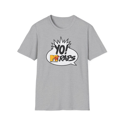 Grey t-shirt with "YO! MTV RAPS" logo in a speech bubble graphic.