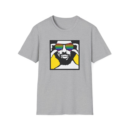 Man wearing rainbow-striped sunglasses on a grey t-shirt.