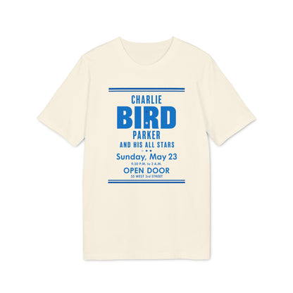 Cream t-shirt with blue text: Charlie Bird Parker and His All Stars, Sunday, May 23, Open Door.