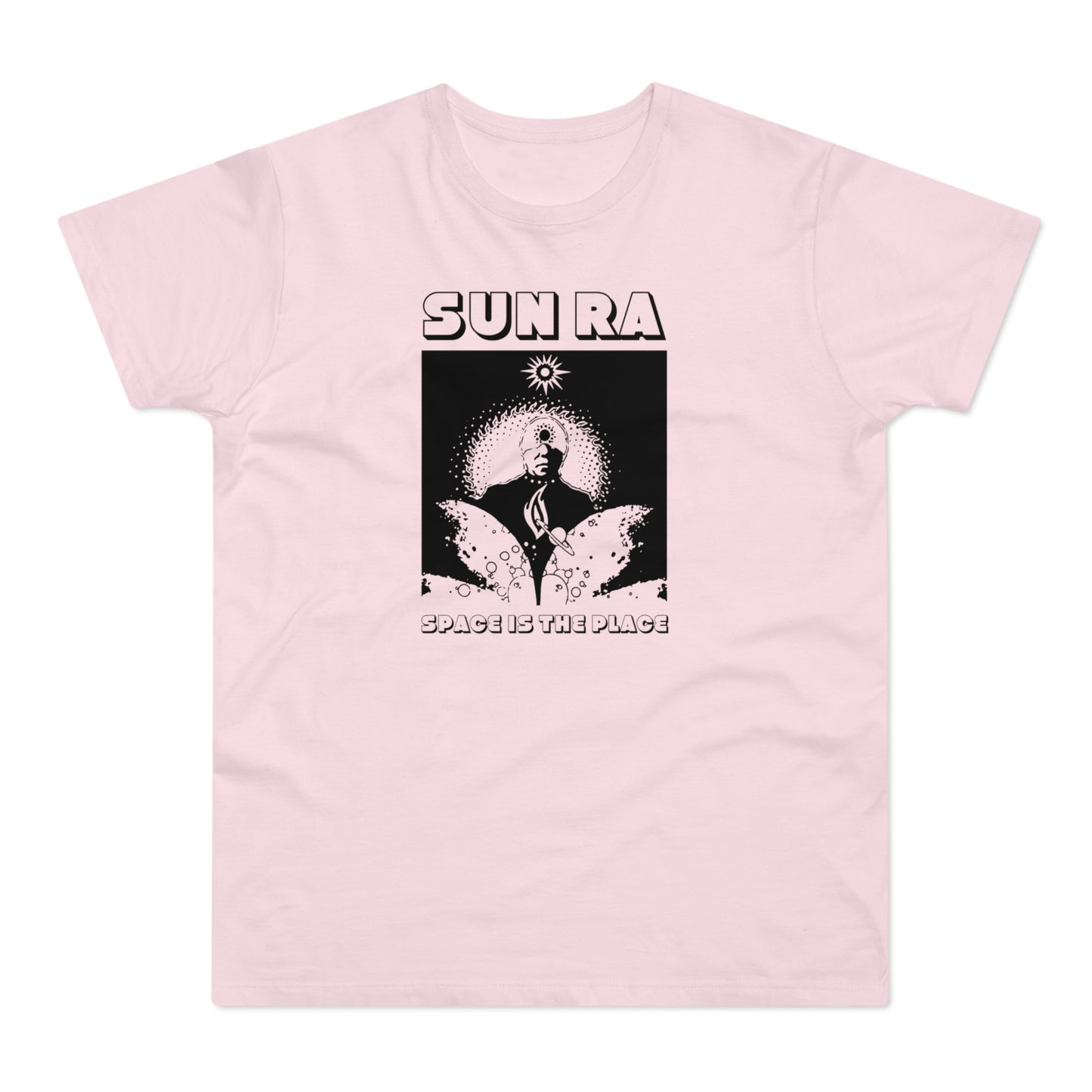 Pink t-shirt with a black graphic featuring Sun Ra and "SPACE IS THE PLACE" text.