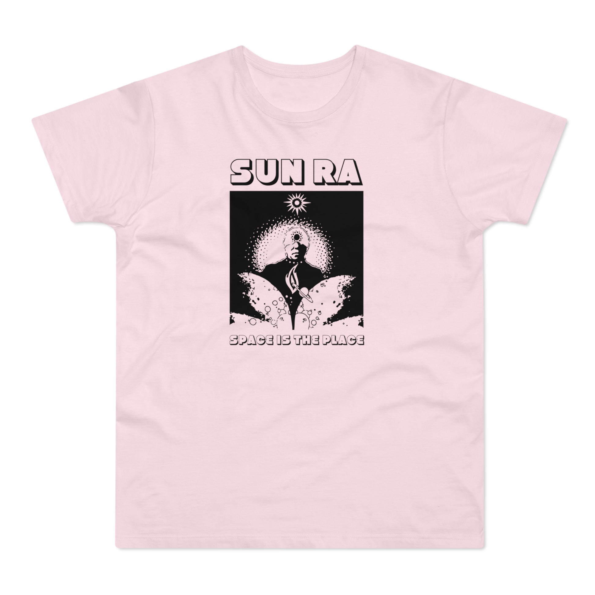 Pink t-shirt with a black graphic featuring Sun Ra and "SPACE IS THE PLACE" text.