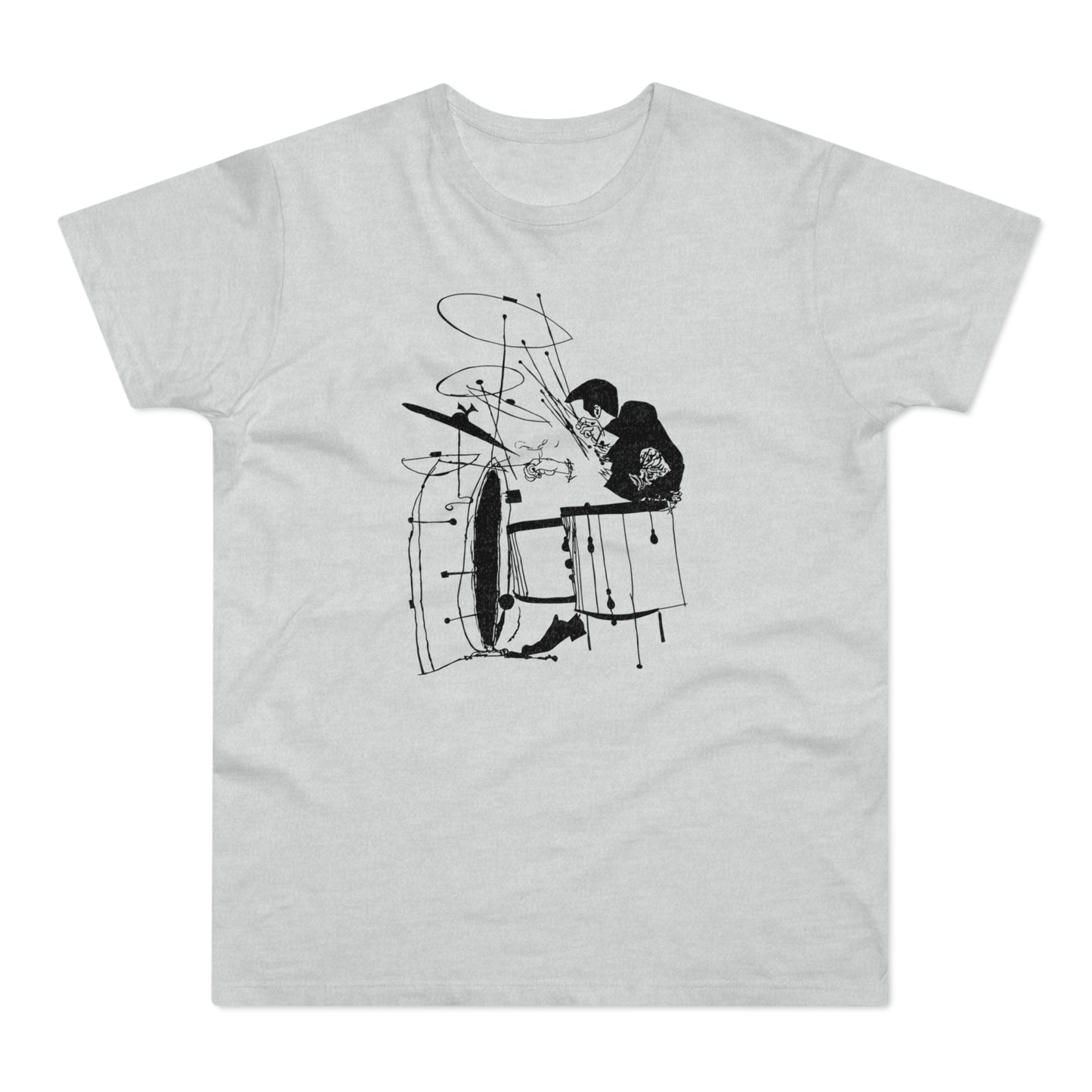 Black ink drawing of a drummer playing a drum set on a light gray t-shirt.