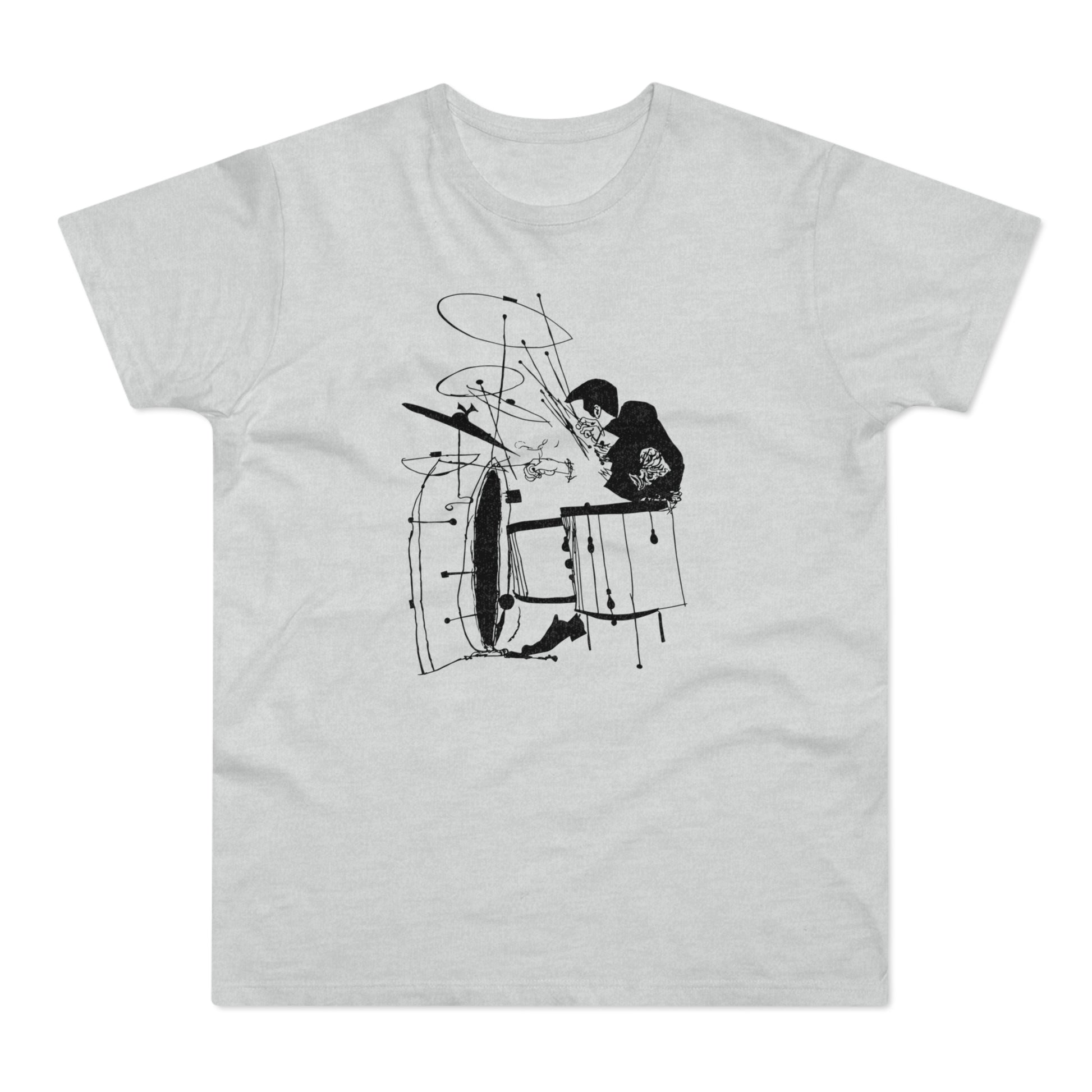 Black ink drawing of a drummer playing a drum set on a light gray t-shirt.