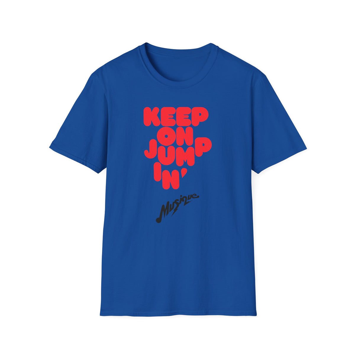 Royal blue t-shirt with red "KEEP ON JUMP 'N" and black "Musique" text.