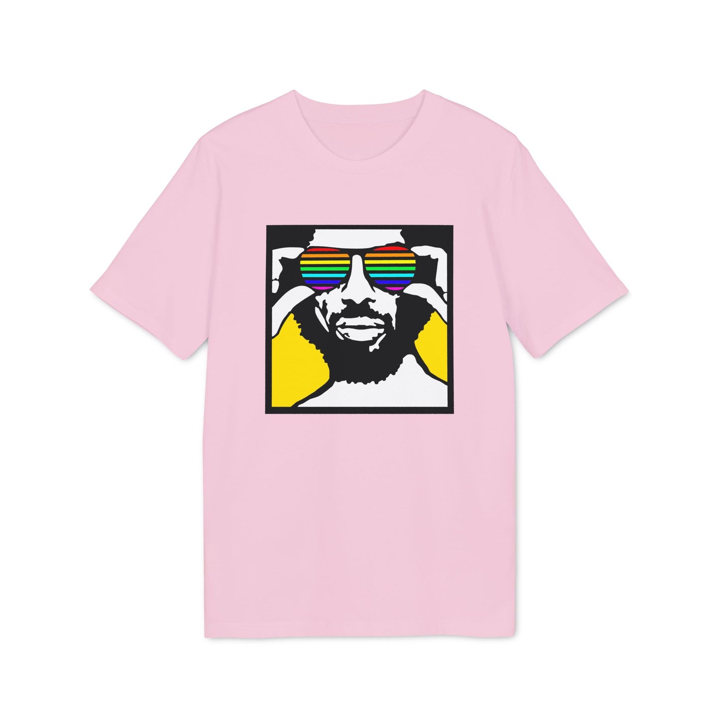 Pink t-shirt with graphic of man wearing rainbow sunglasses.