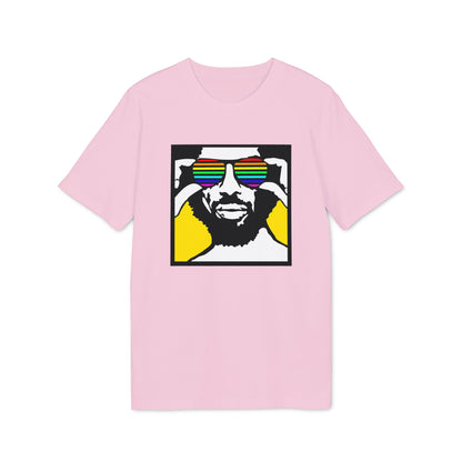 Pink t-shirt with graphic of man wearing rainbow sunglasses.