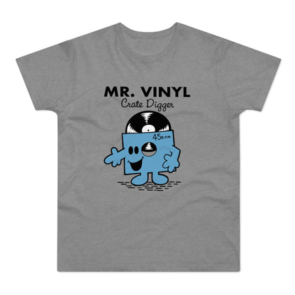 Mr. Vinyl Crate Digger graphic with cartoon record on a gray t-shirt.