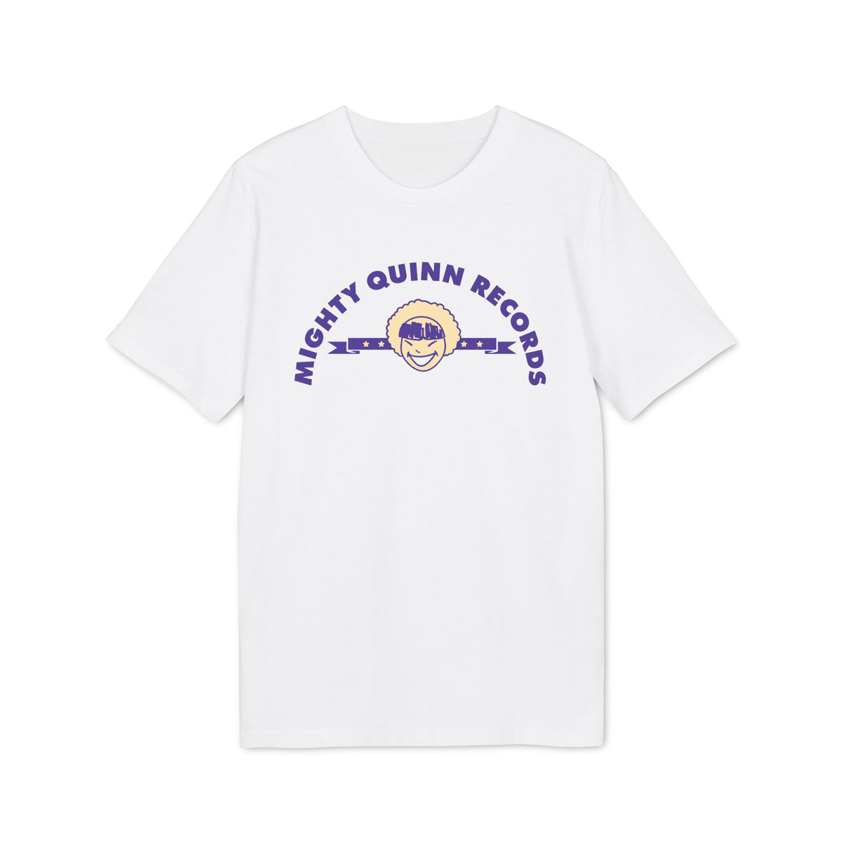 White t-shirt with purple text "MIGHTY QUINN RECORDS" and a character logo.