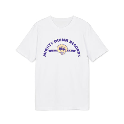 White t-shirt with purple text "MIGHTY QUINN RECORDS" and a character logo.
