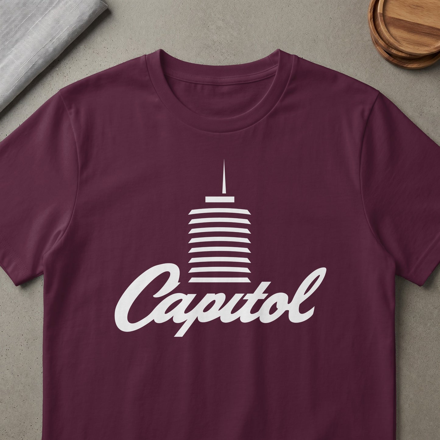 Maroon t-shirt with white Capitol Records building and script logo.