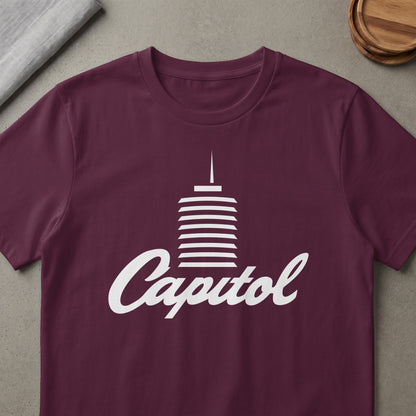 Maroon t-shirt with white Capitol Records building and script logo.