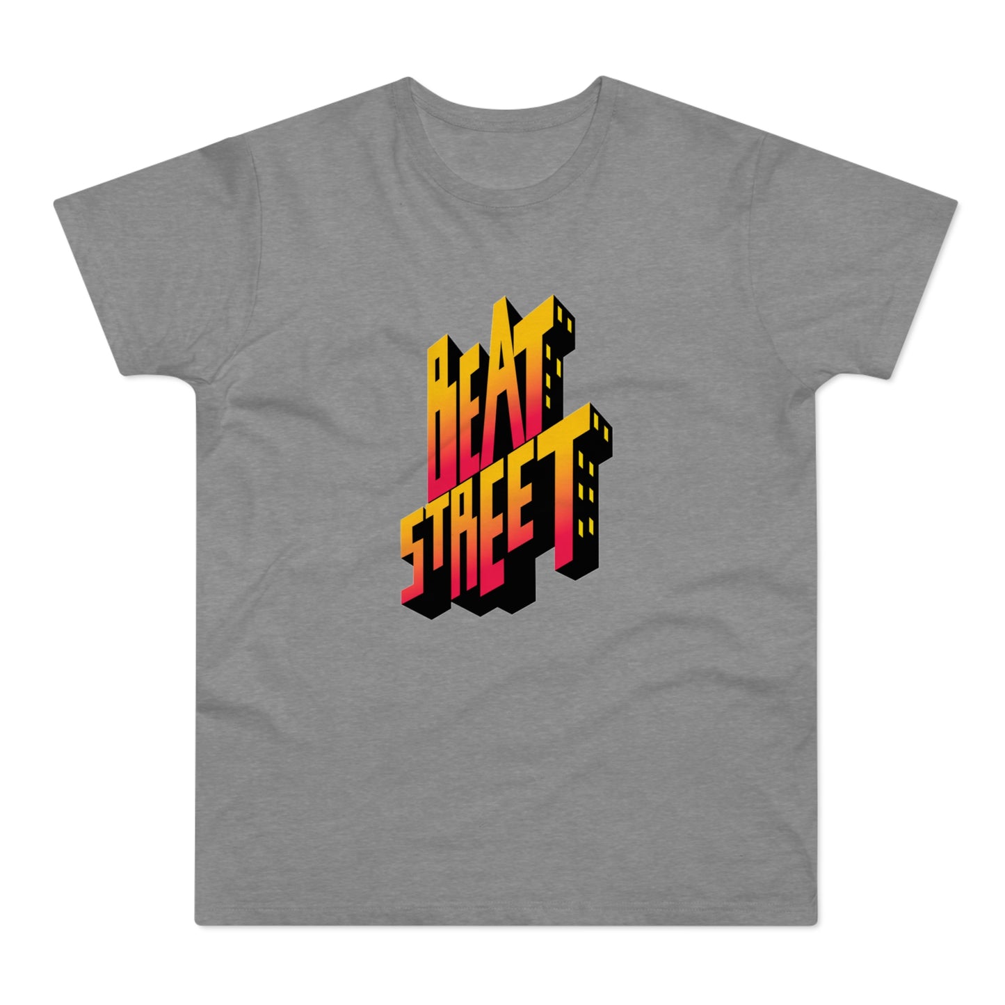 Grey t-shirt with 3D "BEAT STREET" text in yellow and pink gradient.