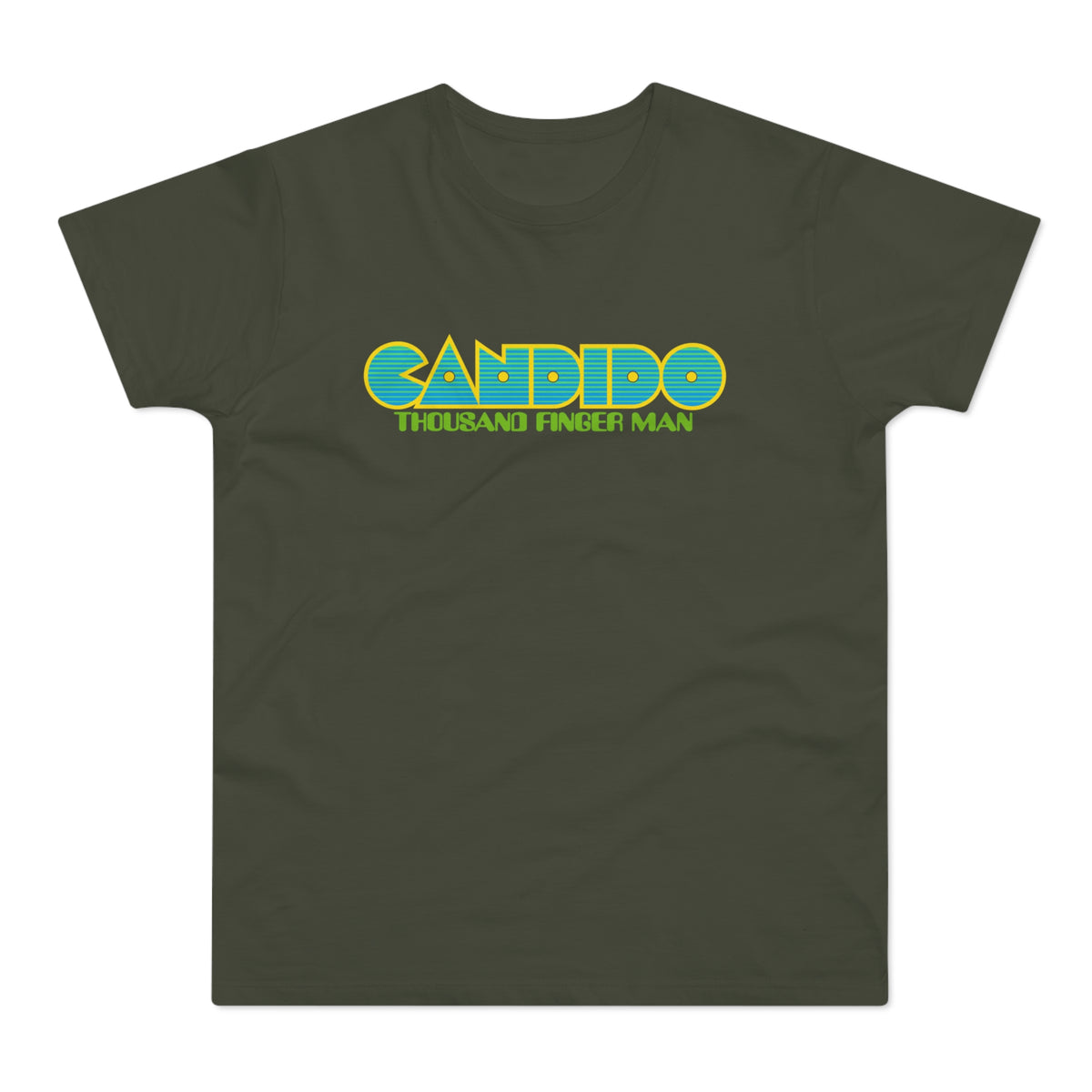 Dark green t-shirt with yellow and blue "CANDIDO THOUSAND FINGER MAN" text.