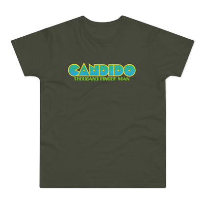Dark green t-shirt with yellow and blue "CANDIDO THOUSAND FINGER MAN" text.